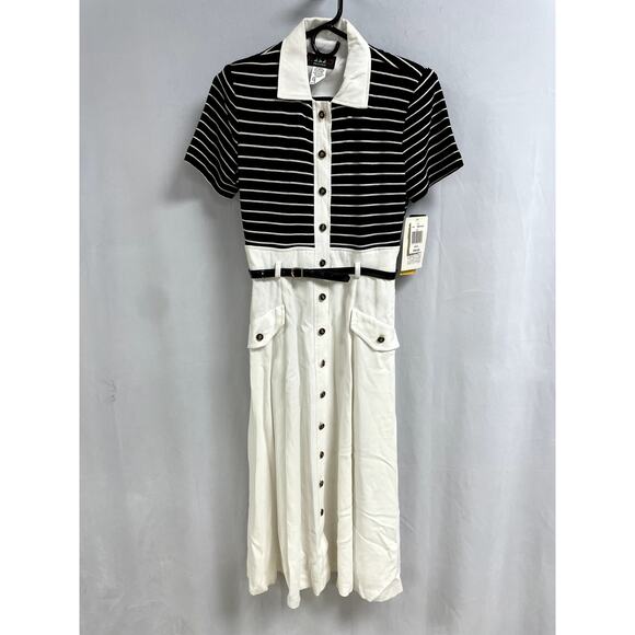 Vintage J.S.J NEW 90s Striped Button Down Shirt Dress Black Women's 6 Petites - Picture 1 of 6